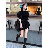 法式大碼黑色短袖套裝女2025新款泡泡袖短款襯衫a字半 黑色襯衫 S80-95 均碼