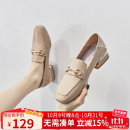 ZHR單鞋女英倫風(fēng)舒適方頭樂福鞋女兩穿粗跟透氣皮鞋女 K196 杏色 37