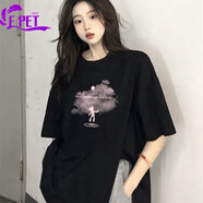 EPET開叉短袖T恤女夏季2025夏季新款洋氣設(shè)計(jì)感小眾寬松黑色上衣潮ins 黑色【114】云霧熊飄飄 S 65斤-85斤
