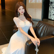 法式千金貴氣感白色一字領(lǐng)連衣裙女收腰大裙擺抹胸長裙生日晚禮服 白色(有胸墊） L