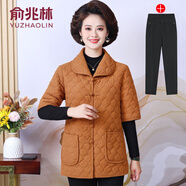 俞兆林（YUZHAOLIN）媽媽冬裝中袖盤(pán)扣馬夾背心奶奶燈芯絨加絨小棉襖中老年女半袖馬甲 焦糖色+黑色長(cháng)褲 加絨 2XL 110-125斤