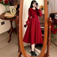智立冠連衣裙大碼女裝法式減齡紅色秋裝赫本風(fēng)氣質(zhì)敬酒禮服長(cháng)裙 紅色 2XL 大碼
