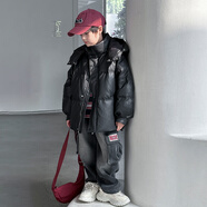 XAE國際童裝皮革服裝可洗的羽絨服加厚的外衣兒童的冬季2025新 黑色套裝羽絨服+加絨牛仔褲 110cm 均碼