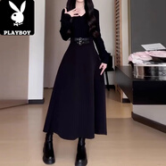 花花公子（PLAYBOY）感赫本風(fēng)內(nèi)搭短裙秋冬季2025新款黑色修身法式長袖連衣裙子女 黑色v領(lǐng)深秋初冬穿搭/小香風(fēng)/miu里miu氣/氣質(zhì)/富家千 M 60/65kg/XL 【獨特絕美裙子/胖m遮肚