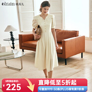 Olrain歐芮兒法式花瓣領(lǐng)連衣裙女夏季新款收腰泡泡袖A字傘裙 杏黃色 M
