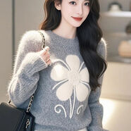 皮爾卡丹（pierre cardin）灰色加厚毛衣24韓版圓領(lǐng)秋冬新款寬松慵懶針織衫打底疊穿洋氣時(shí)尚 灰色大花朵【現貨秒發(fā)】 M 【80-100斤】