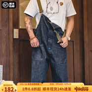馬登工裝美式復(fù)古情侶甲板背帶褲水洗丹寧直筒闊腿牛仔褲休閑長褲男潮 牛仔藍 XL