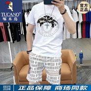 啄木鳥（TUCANO）2025新款夏季短袖短褲t恤男士兩件套歐洲站潮牌印花休閑套裝 白色套裝 XL 【120-140斤】