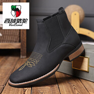 西域駱駝（VANCAMEL）2025新款跨境刺繡套腳切爾西靴男士馬丁靴 黑色 38