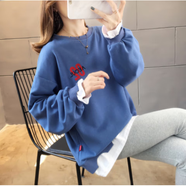 簡丹柔山東即墨衛(wèi)中長款假兩件衛(wèi)衣女長袖t恤春秋韓版上衣潮T胖mm寬松加 尚佐0115藍色 M 80-100斤