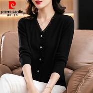 皮爾卡丹（pierre cardin）蕾絲女內搭毛衣v領(lǐng)寬松顯瘦長(cháng)袖秋冬媽M媽裝上衣洋氣針織打底衫 XG6056#黑色 XL 建議115-125斤