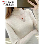 啄木鳥(niǎo)羊·毛蕾絲半高領(lǐng)毛衣打底衫女秋冬加厚網(wǎng)紗拼接百搭針織衫上衣女 杏色 S 建議90-100斤