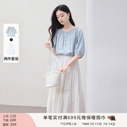香影中袖襯衫女圓領2025夏裝新款慵懶泡泡袖氣質淑女寬松藍色上衣 套裝 襯衫+半裙 XL 170/92A/125-140斤