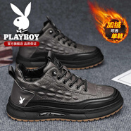 花花公子（PLAYBOY）皮鞋男鞋冬季新款加絨保暖棉鞋商務(wù)休閑真皮鞋子男運動(dòng)黑色板鞋  灰色【旗艦款】 42