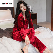 雅鹿金絲絨睡衣女春秋性感長(cháng)袖套裝色蕾絲韓國開(kāi)衫冬季家居服兩件套 789 酒紅 L碼 建議體重100-120斤