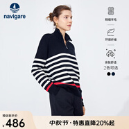 Navigare意大利小帆船女士長袖針織衫秋冬款舒適半開領(lǐng)上衣翻領(lǐng)條紋毛衣女 暗夜黑/白 L 碼