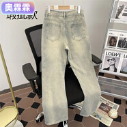 奧霂霖黃泥牛仔褲夏季新款大碼美式復古修身直筒褲子風(fēng)潮寬松筒褲 黃泥色直筒褲 M