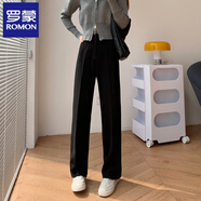 羅蒙（ROMON）OL毛呢直筒褲女秋冬高腰窄版闊腿褲加厚垂感休閑拖地西裝長(cháng)褲 黑色 XS