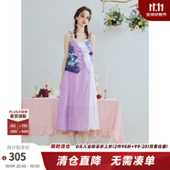 兩三事森靈綺夢 2025夏季新款小清新印花拼色綁帶吊帶裙連衣裙 紫色 M