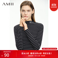 AMII女裝2025秋季新款半高領(lǐng)字母繡花布標裝飾條紋T恤女休閑 黑白條 L 165/88A