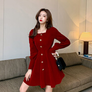 酒紅色小晚禮服方領(lǐng)長(cháng)袖絲絨結婚回門(mén)訂婚小禮服連衣裙敬酒服新娘 紅色 L