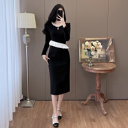 赫本風(fēng)小個(gè)子氣質(zhì)減齡大碼胖mm胖荷葉邊長(cháng)袖釘珠連衣裙包臀小禮服 黑色 M