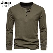 JEEP SPIRIT特大碼300斤春季純色T恤歐美男士寬松加肥感亨利領(lǐng)長(cháng)袖上衣潮 軍綠色【升級版】 XL 120-150斤