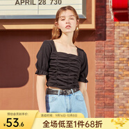 西遇復(fù)古方領(lǐng)針織短袖女2025年夏季新款褶皺高腰短款t恤女純色小個(gè)子 黑色(D0300873) M