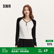 森馬（Semir）【云柔親膚】長袖t恤女短款V領(lǐng)修身上衣24年新款插肩袖休閑薄外套 黑白色調(diào)00391 M