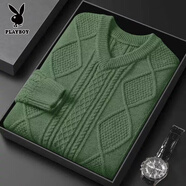 花花公子高檔毛衫男加厚v領(lǐng)毛衣秋冬加厚保暖男士毛衣麻花粗線(xiàn)寬松針織衫 綠色加 厚款 3XL 160-180斤