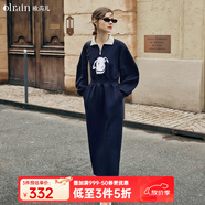 Olrain歐芮兒Polo連衣裙女春裝女裝收腰趣味卡通印花衛衣裙子 藏青色 S