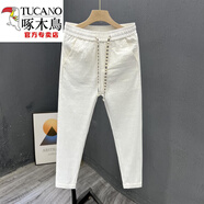 啄木鳥(niǎo)（TUCANO）時(shí)尚痞帥休閑褲男士秋秋季潮流修身百搭青年新款簡(jiǎn)約豎條紋小腳褲 白色 M