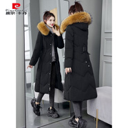 皮爾卡丹（pierre cardin）羽絨服女感2025冬季新款修身長(cháng)款過(guò)膝加厚保暖白鴨絨外套 黑色(真貉子毛) M 建議85-105斤左右