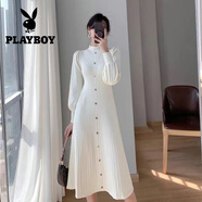 花花公子（PLAYBOY）2025秋冬新款韓國氣質(zhì)毛衣裙子半高領(lǐng)內(nèi)搭中長款針織長袖連衣裙女 杏色 S  80-95斤