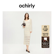 歐時力OCHIRLY 羊毛V領波紋毛織連衣裙長裙配吊帶裙2025秋季新品 米白 L