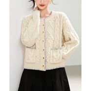 羅蒙（ROMON）粗線毛衣外套秋季新款女裝新品長(zhǎng)袖針織衫女撞色毛衣小外套 米白色 L