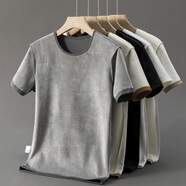 誠景加絨加厚修身圓領(lǐng)短袖男T恤冬季保暖內搭純色半袖打底衫體恤上衣I 黑色 M