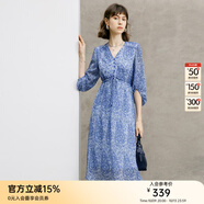 顏域藍(lán)色氣質(zhì)連衣裙女裝2024新款春季收腰顯瘦七分袖V領(lǐng)碎花裙子 藍(lán)花 L/40