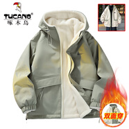 啄木鳥加絨加厚棉服外套男秋冬季2025新款男士棉衣襖休閑防寒羽面包絨服 06灰綠色 【雙面穿羊羔絨】 XL (建議140-160斤)