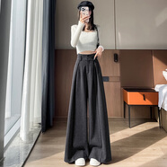 帥西歐毛呢加絨闊腿褲女2025秋冬新款高腰顯瘦直筒寬松西裝休閑褲 灰色 L 【111斤-120斤】