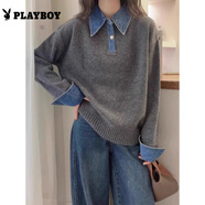 花花公子牛仔袖拼接毛衣女秋冬2025新款寬松POLO領(lǐng)針織衫 灰色 均碼