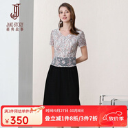 經(jīng)典故事（JANE STORY）經(jīng)典故事2025夏季新款V領(lǐng)拼按蕾絲裙修身通勤顯瘦短袖雪紡連衣裙 粉黑色A73 M