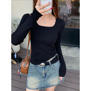 小紅書同款打底衫女初秋2025新款方領(lǐng)灰色長袖針織內(nèi)搭低領(lǐng)毛衣修 黑色常規(guī)款店主 M M80-105斤