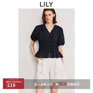 LILY2025夏新款女裝法式浪漫V領(lǐng)收腰休閑百搭通勤泡泡袖短袖襯衫 411藏青 M