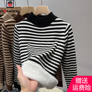 AEMAPE半高領(lǐng)毛衣女間色條紋新款一體絨2025秋冬季加絨加厚套頭針織衫女 黑色一體絨 4XL 150-170斤