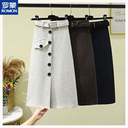 羅蒙（ROMON）假口袋排扣毛呢半身裙秋冬季女高腰開(kāi)叉A字中長(cháng)裙過(guò)膝一步包臀裙  咖啡色 M