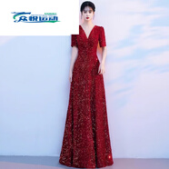 奇立彩大合唱團修身晚禮服 演出服女長(cháng)裙新款中老年學(xué)生主持指揮紅歌朗 G33紅色 XL 【125斤-140斤】