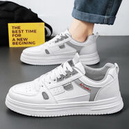 樵柯男鞋2025秋冬季百搭鞋子男款運動(dòng)休閑板鞋潮流鞋皮面厚底跑步板鞋 RF-H917白灰色 39