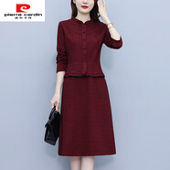 皮爾卡丹喜婆婆婚宴紅色假兩件連衣裙女2025秋冬新款大碼媽媽裝中長(cháng)款裙子 酒紅色 L 95-115斤