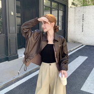 落跑姐妹（Runaway Sisters）洋氣格子拼接假兩件皮衣外套女2025秋季設計感PU皮夾克上衣潮 咖啡色 XL